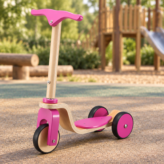 Berry pink wooden scooter with a playground backdrop