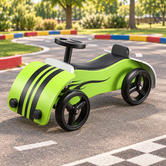 Green wooden ride-on race car on a children’s play race track