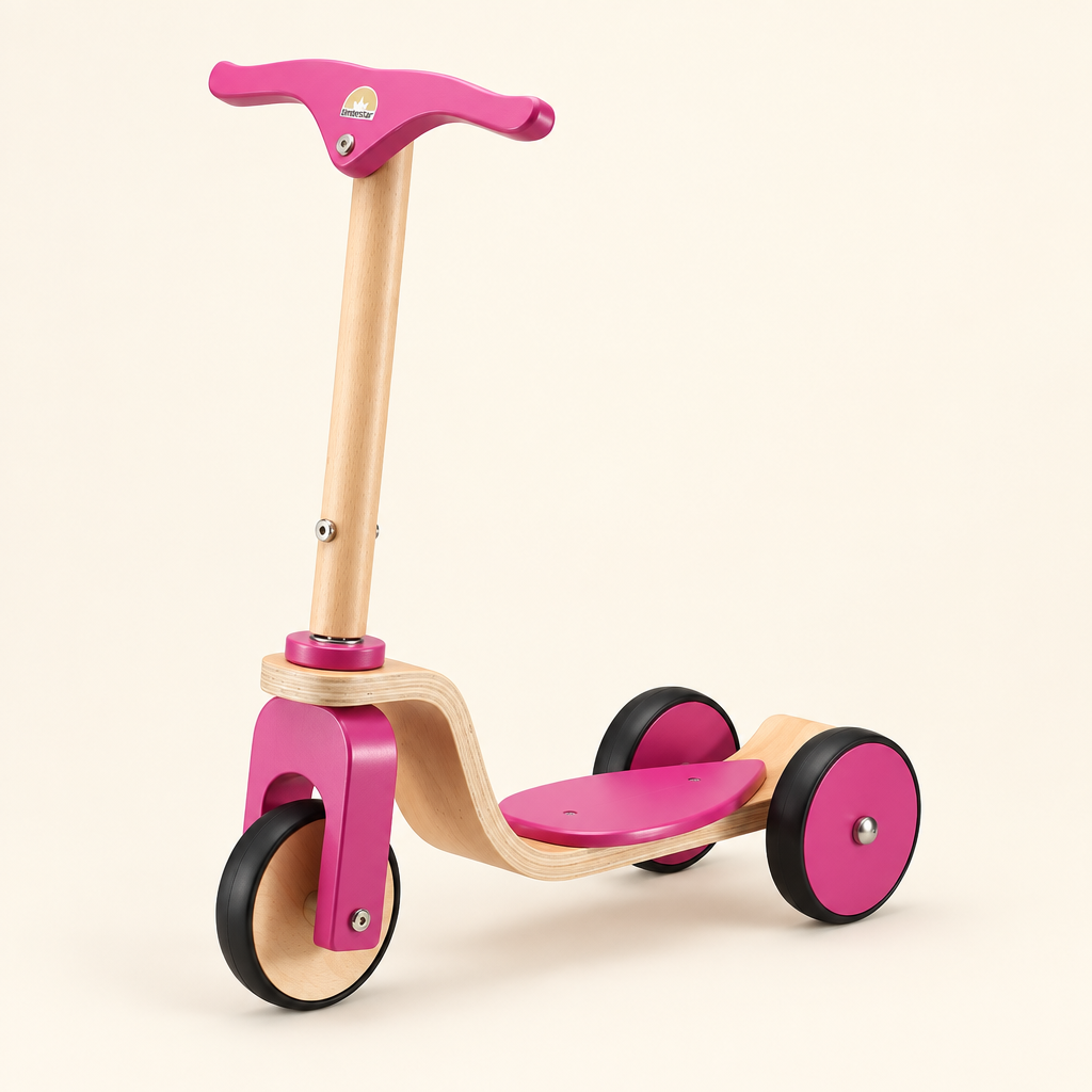 Berry pink three-wheel wooden scooter on a warm ivory background.