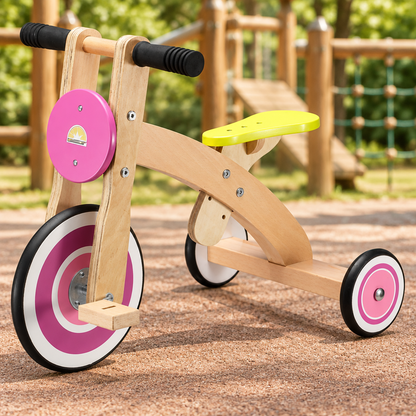 Pink wooden tricycle with a yellow saddle against a playground backdrop.