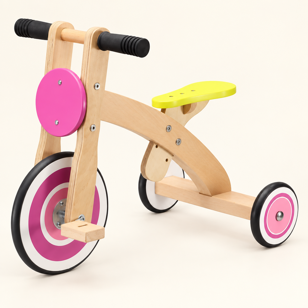Pink wooden tricycle with a yellow saddle on a warm ivory studio background.