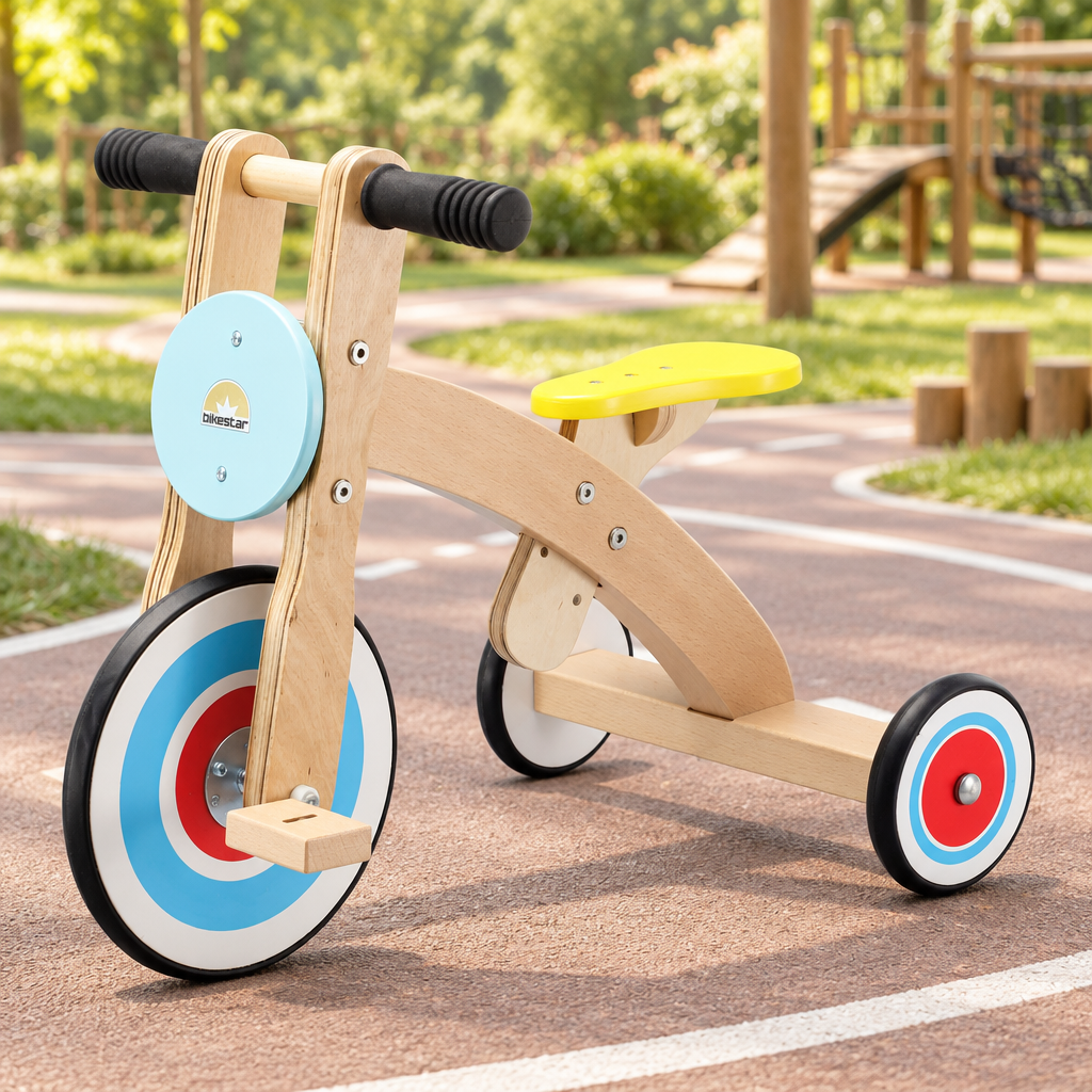 Blue wooden tricycle with a yellow saddle on a children's play cycling track.