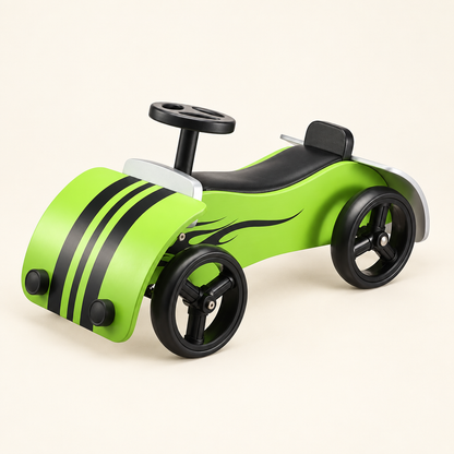 Green wooden ride-on race car with black racing stripes on an ivory studio background.